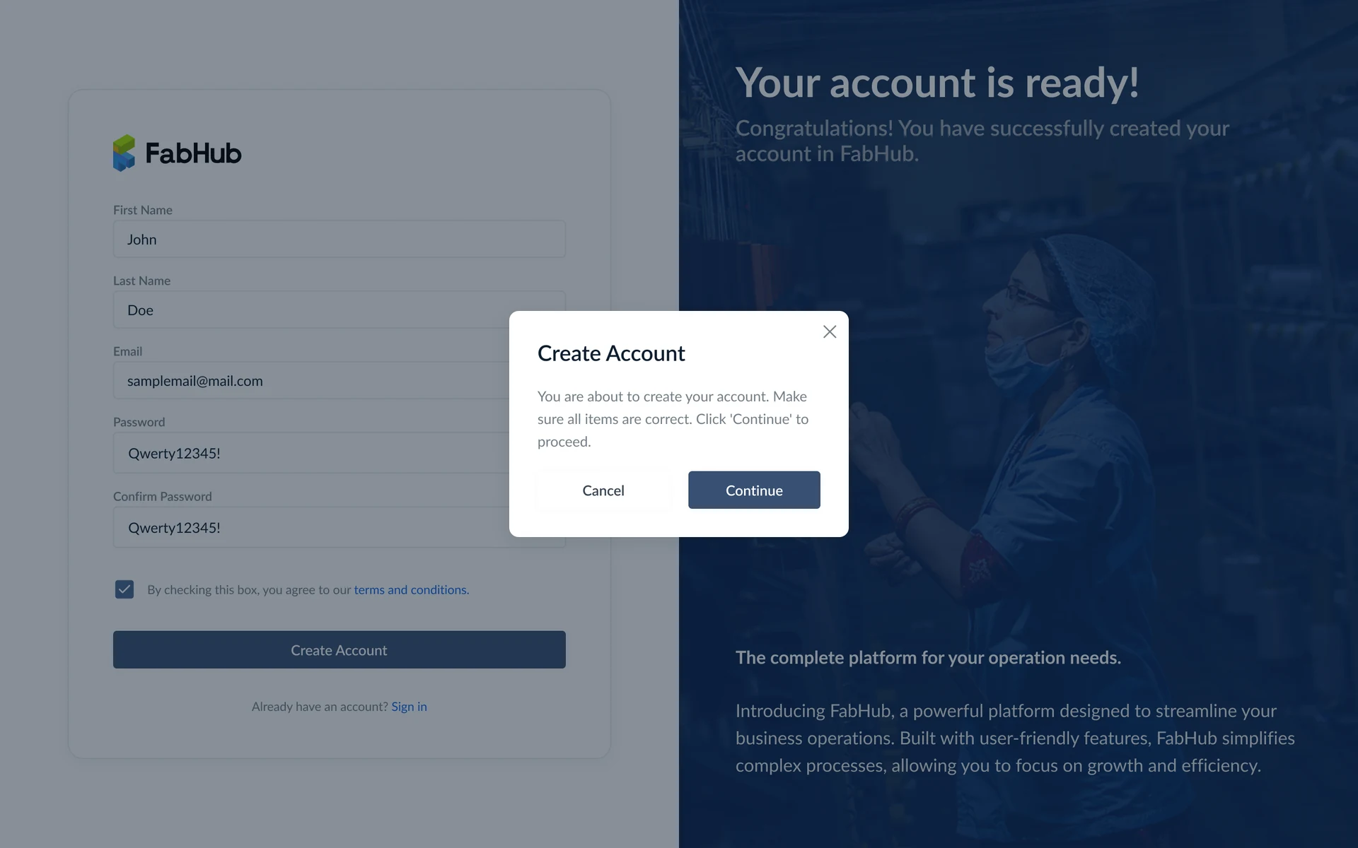 Create Account confirmation modal