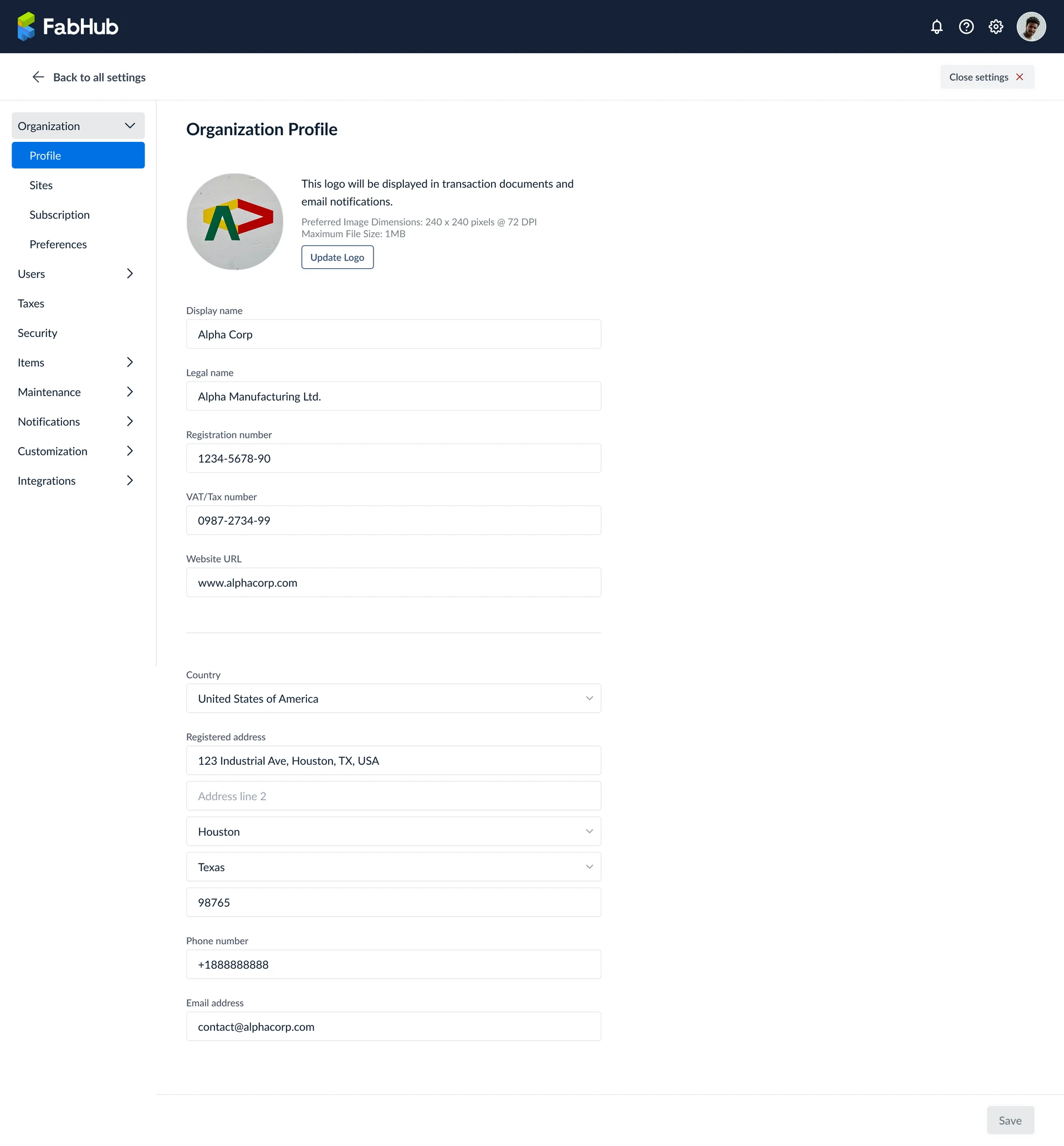 Organization profile settings page