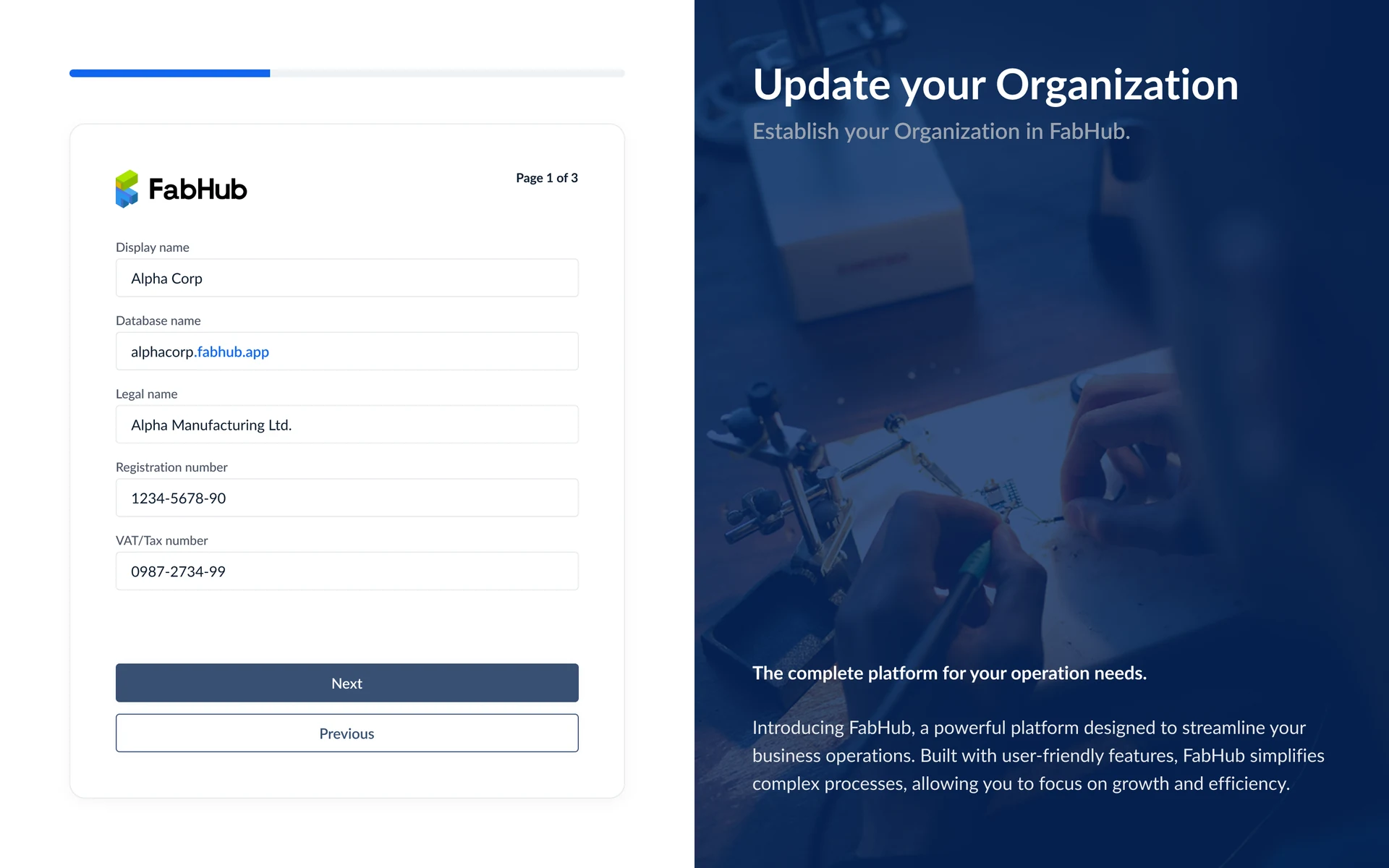 Organization setup step 1 - legal information