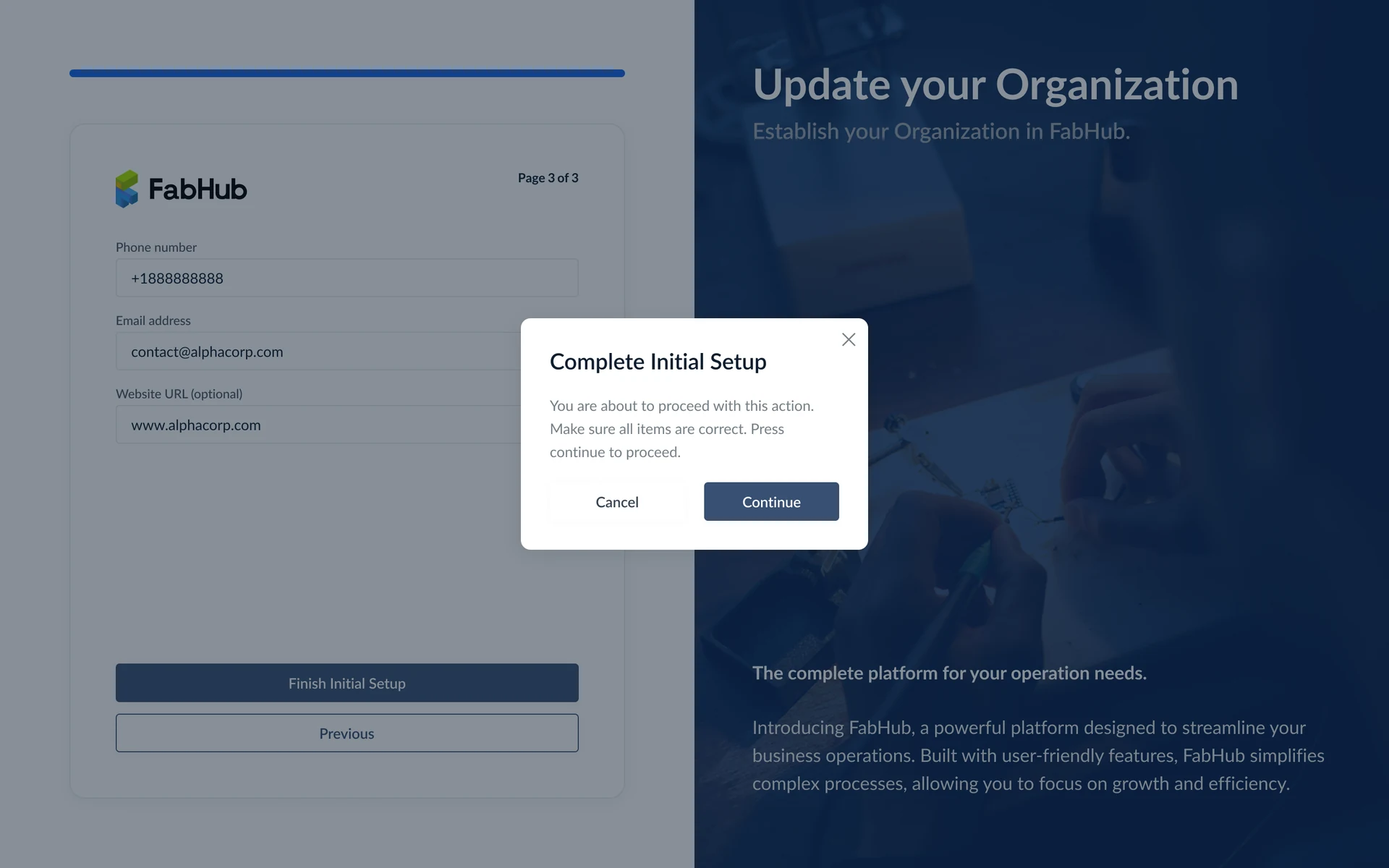 Finish initial setup confirmation